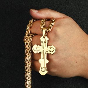 Multilayed Rivet Cross Pendant Necklace 14k Yellow Gold Church Link Chain Necklace for Men Orthodox Prayer Jewelry Gift