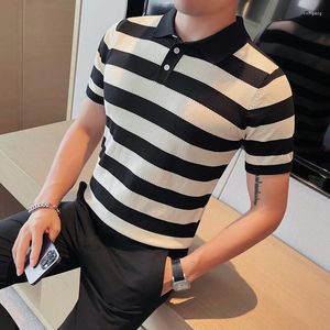 Men's Polos Knitted Ice Silk Lapel Striped Short Sleeve Pullover Polo Shirt Summer Casual Slim Men Social Office T-shirt Top Size M-XL