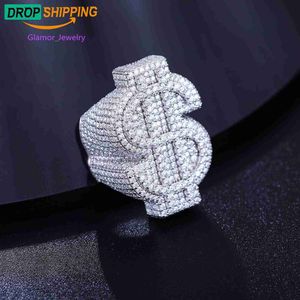 Dropshipping Gioielli Hip Hop Anello in oro bianco placcato sterling Sier VVS Moissanite con diamanti ghiacciati Anello in dollari USA per uomo