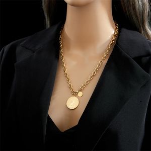 14k Yellow Gold Hip Hop Round Portrait Coin Necklace For Women Men Fashion Trend Girl Jewelry Gift Joyas