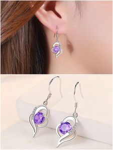 Kolczyki Dangle Chic Heart Purple Pink Blue Crystal Amethyst Topaz Diamonds Capstones Drop For Women 14K Białe Złotą Kolor Biżuterii Prezenty