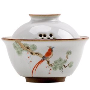 Ru Kiln Bird Gardon Gaiwan 레트로 3 인용 파스트 롤 세라믹 차 그릇 Tureen 액세서리 홈 데코레이션 217i