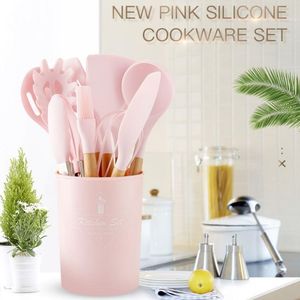 Conjunto de ferramentas de cozinha rosa Premium Conjunto de utensílios de silicone Pinças Turner Espátula Colher de sopa Pá antiaderente Escova de óleo Ferramenta de cozinha C09272649