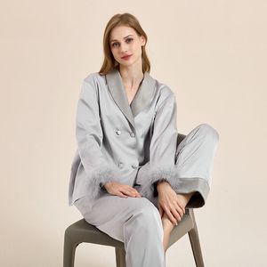 Winter Feather Pajama Set with Advanced Texture, Plush and Thick Insulation, Double breasted Flip Collar Home Set