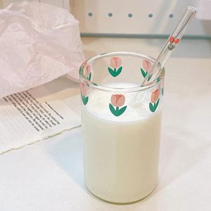 Vinglas 320 ml Glaskopp med halm Tulpan Milk Juice Frukost Mugg Rensa värmebeständigt te kaffevatten gratis