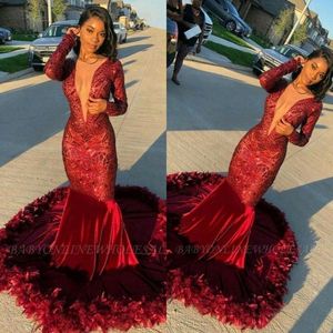 2022 Burgundy Red Mermaid Feather Prom Dresses Sexy Deep V-neck Long sleeve Sequined Velet Long Evening Gowns African Girls Party 188Y