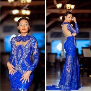 Aso Ebi 2020 Renda Árabe Azul Royal Sereia Vestido de Noite Cristais Frisados Vestidos de Baile Mangas Compridas Formal Festa Africana Pageant G317V