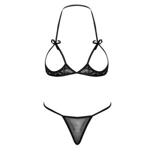 Kvinnor spetsar bowknot sexig underkläder underkläder set tvådelar bikini set nattkläder öppen kopp halter nackbh med g-sträng trosor 240124