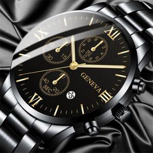 Wristwatches GENEVA Fashion Luxury Watch Men Stainless Steel Wrist Mens Watches Calendar Male Black Clock Relojes Hombre 2021255A