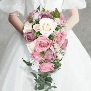 Flores de casamento artificial segurando buquê de rosas rosa com fita de seda decoração de casa flor de festa de noiva