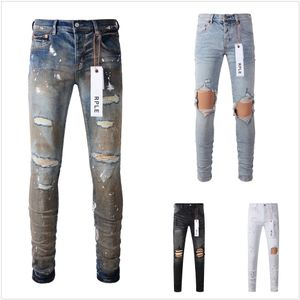 Designer für Herren Jeans Purple Männer Hantel Strichen Destgiertes Schwarz zerrissener Biker Slim Fit Motorcycle Mans gestapelt Männer Baggy Jeans Löcher Fouling Effekt