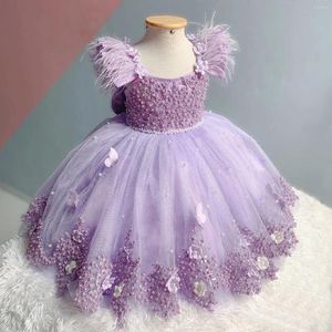 Girl Dresses 3D Butterfly Flower Dress Wedding Purple Luxury Feather With Pearls Bow Puffy Tulle Birthday Party First Communion Gowns