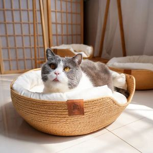 Carrier Four Season Pet Bed Cat Mat Cuccia Letti per cani Divano Rattan Tessitura Accoglienti cestini nido Cuscino rimovibile impermeabile Sacco a pelo