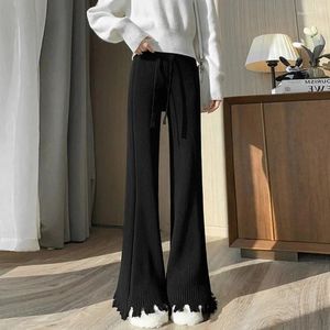 Kvinnors byxor Hög midja Tassel Stickad Wide Leg Women Byxor Elastiska midja i full längd Raka solid Stylish Streetwear 2024