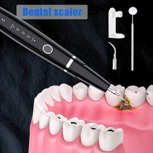 Rimozione del tartaro da 1 pezzo, detergente dentale ad ultrasuoni con luce a LED, specchio orale ingranditore in acciaio inossidabile, con organizer per spazzolino da denti, kit di pulizia dentale ricaricabile.