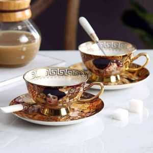 コーヒーカップセットGustav Klimt Bone Chinese Ceramic Tea Set klimt Kiss Luxury Gift Porcelain Drinking Set Tea Cup and Saucer T220810249U