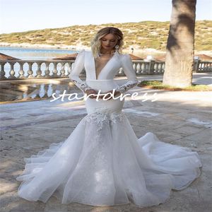 Romantisk sjöjungfrun bröllopsklänningar Deep V Neck Lace Boho Bridal Dress 2024 Långärmning Organza Satin Rustic Country Bride Dress Elegant Robe de Mariee Vestido de Noiva