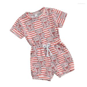 Conjuntos de roupas bebê meninas 2 peças roupa urso listra impressão manga curta camiseta e shorts elásticos conjunto bonito roupas de verão
