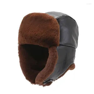 Berets Natural Real Cowskin Leather Bomber Hats Ear Protection Warm Winter Caps Russian Fur Ski Hunting Trapper Cap With Flaps