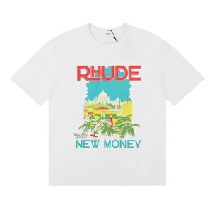 Rhude Tshirt Designer Original Quality Mens Tshirts Castle Coconut Tree Landscape Casual Short Sleeve For Men And Women
