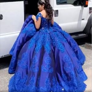 ROAL BLUE SATIN SURES CHARRO quinceanera Sukienki do babeczki Balls Prom 2021 Off the ramion koronkowy kryształ meksykański sweet 16 sukienka kamizelka 2395