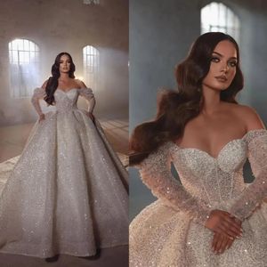 Stunningbride 2024 White Sparkling Ball Gown Wedding Dresses Off The Shoulder Sequins Long Sleeve Arabic Dubai Bridal Gowns Custom Made