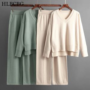 Women Loose Knited Sets V-Neck Pullover SweaterElastic High Waist Drawstring Wide-Leg Pants Autumn Winter Casual 2-piece Suits 240122