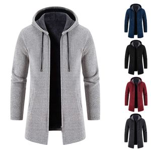 Mid Length Jacket, Autumn And Winter Hooded Plush Knit Sweater, Korean Version, Trendy Slim Fit, Versatile Windbreaker For Men