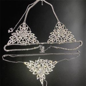 New Sexy Chain Bra Body Jewelry Crystal Bikini Set Beach Lingerie Outfit Harness Bling Thong for Women Holiday T200508319v