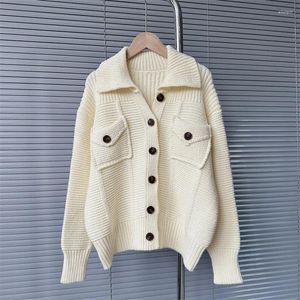 Women's Sweaters White Color Cardigans For Women Thick Knitted Coat Trendy Winter Pockets Full Sleeves Oversize Jumpers Tarf Y2k
