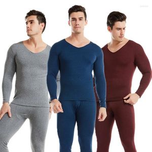 Herren Thermo-Unterwäsche JIAYAN Lange Unterhosen 2 Stück Nahtlos Plus Samt V-Ausschnitt Hose Anzug Bottoming Shirt 2024 Herbst