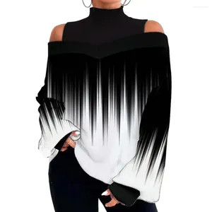 Women's Blouses Retro Print Contrast Color Tops Stylish Autumn/winter High Collar Cold Shoulder Lantern Sleeve Tee Shirt