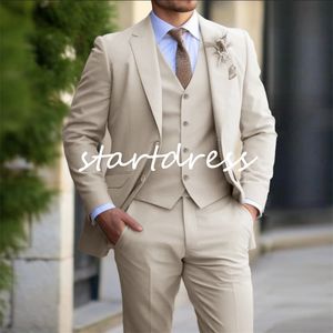 Slim Beige Wedding Tuxedos 2024 Peak Lapel Men Blazers Waistcoat Fitted Groom Men Wedding Suits Causal Prom Bespoke 3 Pieces Korean Bridegroom Male Outfit Suit