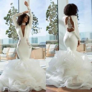 Sexy Open Back Mermaid Wedding Dresses Turkey 2022 Tiered Tiers Lace Ruffles Deep V Neck Long Sleeves Bridal Gowns African Puffy F2812