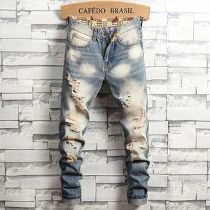 Distressed Ripped Jeans Men's Retro Blue Fashion Slim Motorcycle Trousers Male Hip-hop Street Male Hole Denim Pants 240124