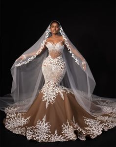 2024新しいアラビア語ASO EBI Advanced Embroidery Hot Sale Luxury Mermaid Wedding Dress Pearls Beads Lace V-Neck Long Sleeves Zipper Back Bridal Gowns