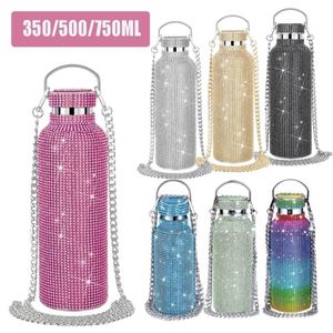 Vattenflaskor bling diamant termos flaskor bärbar glitter vatten flaska crossbody rostfritt stål termisk kolv 350 ml500ml750 ml 214T