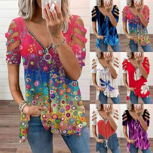 Designer women's clothing New women's V-neck zip Pullover printed short sleeve loose T-shirt women's top summer fashion ladies blouses Plus size woman clothes9AD4