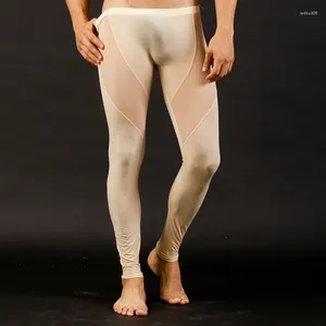 Męska bielizna termiczna seksowne męskie mężczyźni przezroczyste siatkę długie Johns Postrzegaj przez legginsy Spods Spandex Salks wygodne piżamę