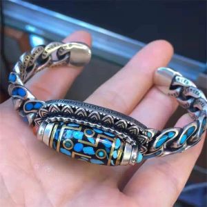 Bangles Ethnic Style Personality Retro Swirl Wulan Flower Turn Dzi Bead Sixcharacter Mantra Transfer Bracelet Men and Women Accessories