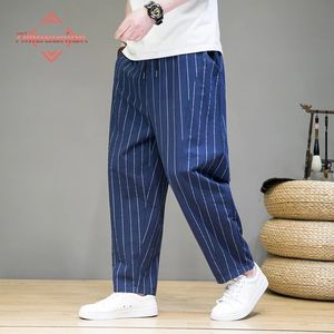 Modaya moda çizgili sıradan pantolon erkekler gevşek pamuk keten pantolon Çin tarzı geniş bacaklı eşofman tam boy pantolon pantolon 240126
