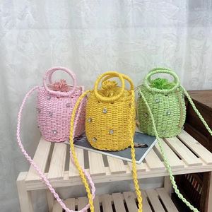 Sacos de cintura colorido grama tecido palha para mulheres alvenaria bolsas femininas designer artesanal balde artesanato bolsa feminina