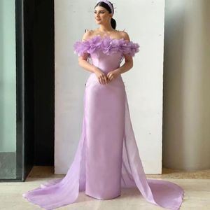 Elegant Lilac Straight Evening Dresses Hand Made Flowers Off The Shoulder Long Formal Party Gowns Chic Satin Prom Dress For Women 2024