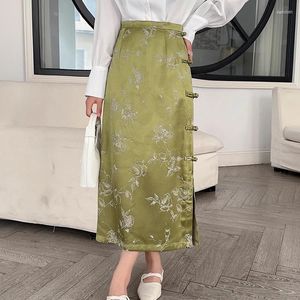 Skirts Chinese Style Women's High Waist Spring/summer Satin Hipster Clothing Slim Silk Print Split Women Skirt YCMYUNYAN