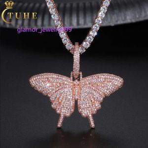 Модное ожерелье из розового золота с бабочкой из стерлингового серебра VVS, подвеска с муассанитом и бриллиантами, ювелирные изделия в стиле хип-хоп, теннисная цепочка