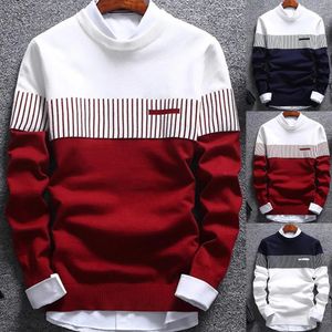 Fashion Men striped Sweater pullover Color Block Patchwork O Neck Long Sleeve Knitted Sweater Top Blouse For Warm Men's Clothing 240125