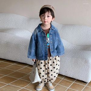 ジャケットチルドレン服2024春秋の韓国スタイルデニムコートシングル胸の男の子と女の子カジュアルシンプルファッショナブル