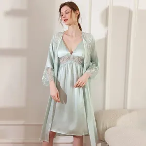 Women's Sleepwear Top Quality 19MM Silk Robes Pure Lace Women Nightgown Set Night Dress