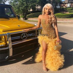 Gorgeous Gold Prom Dresses For Black Girls Diamond Crystal Baddie Mermaid Evening Dress High Split Luxury Ruffles Birthday Dress Sexy Backless Formal Party Gown