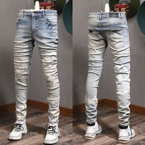 Design Denim Stretch Jeans Biker Fit for Mens Slim Painted Patch Trim Leg Cowboy Pants Male Purple Jeans High Quality Trendy Streets Hip Hop Brand Original 188